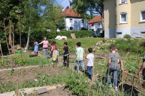 Kinder die einen Garten anschauen